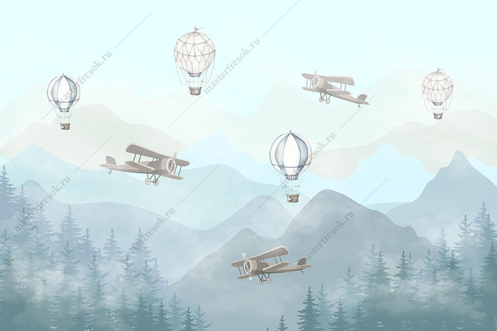 Фотообои Самолёты и воздушные шары над еловым лесом